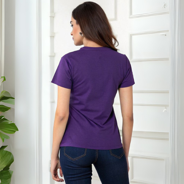 Women's Solid Round Neck Cotton T-Shirt - Purple