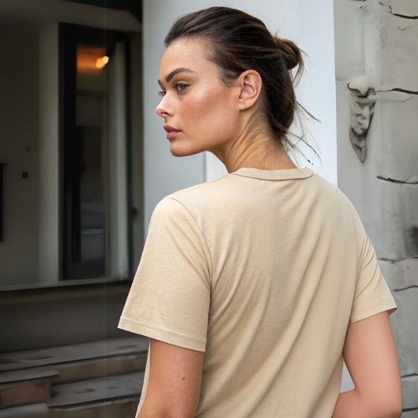 Women's Solid Round Neck Cotton T-Shirt -Beige