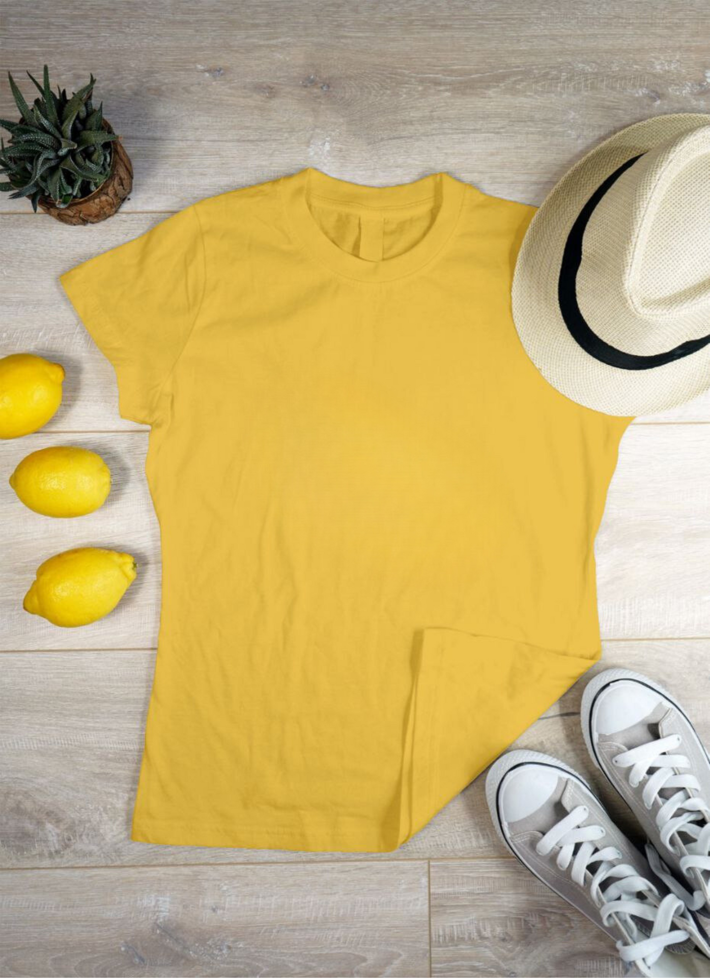 Women's Solid Round Neck Cotton T-Shirt - Mustard Yellow