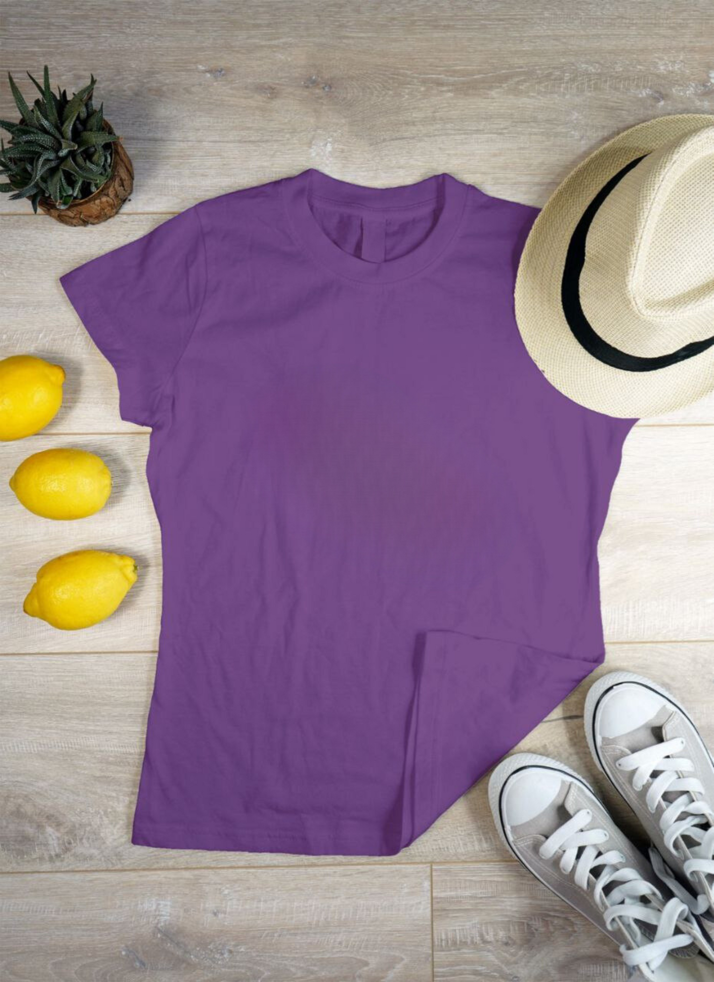 Women's Solid Round Neck Cotton T-Shirt - Purple