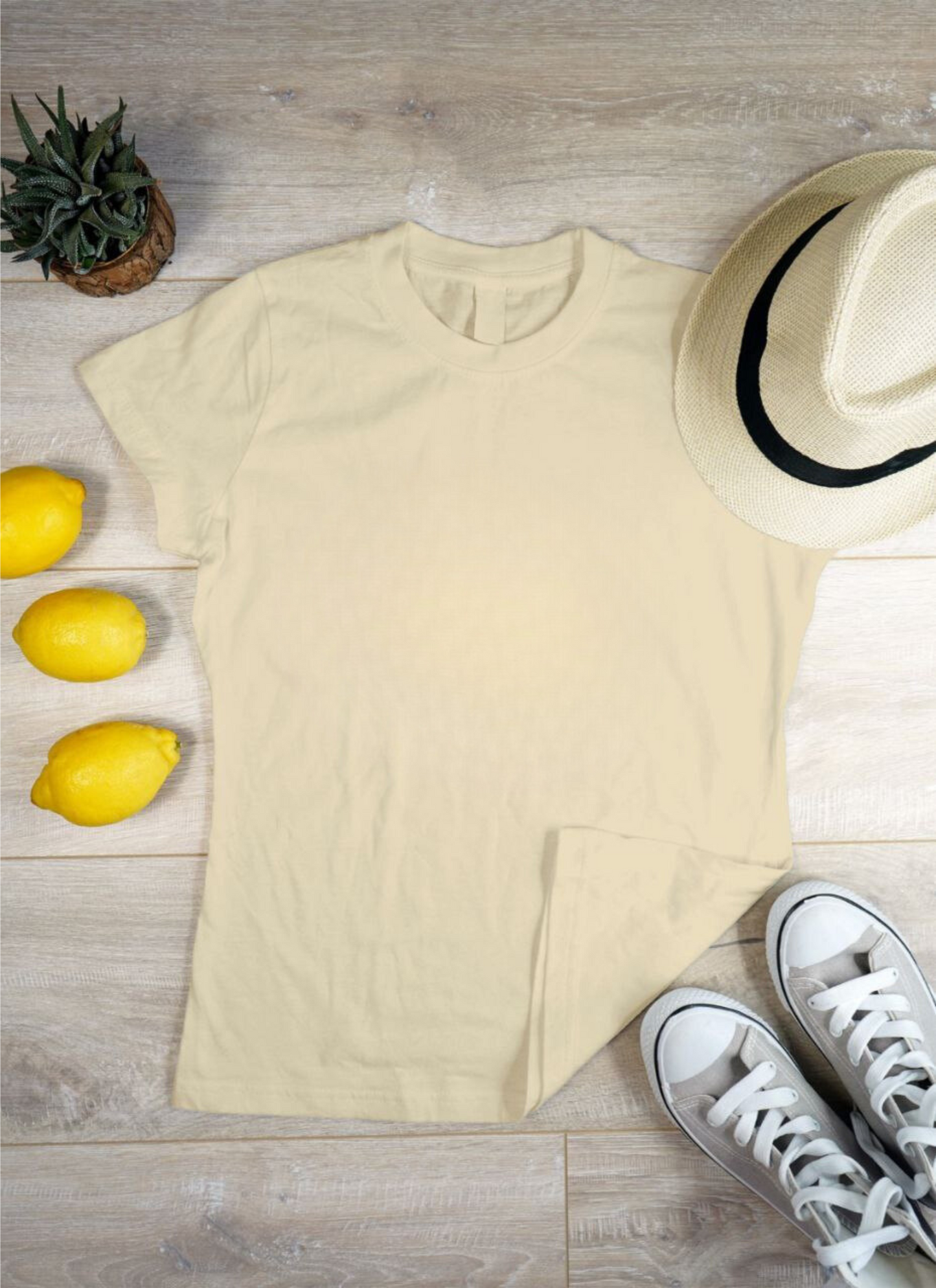 Women's Solid Round Neck Cotton T-Shirt -Beige
