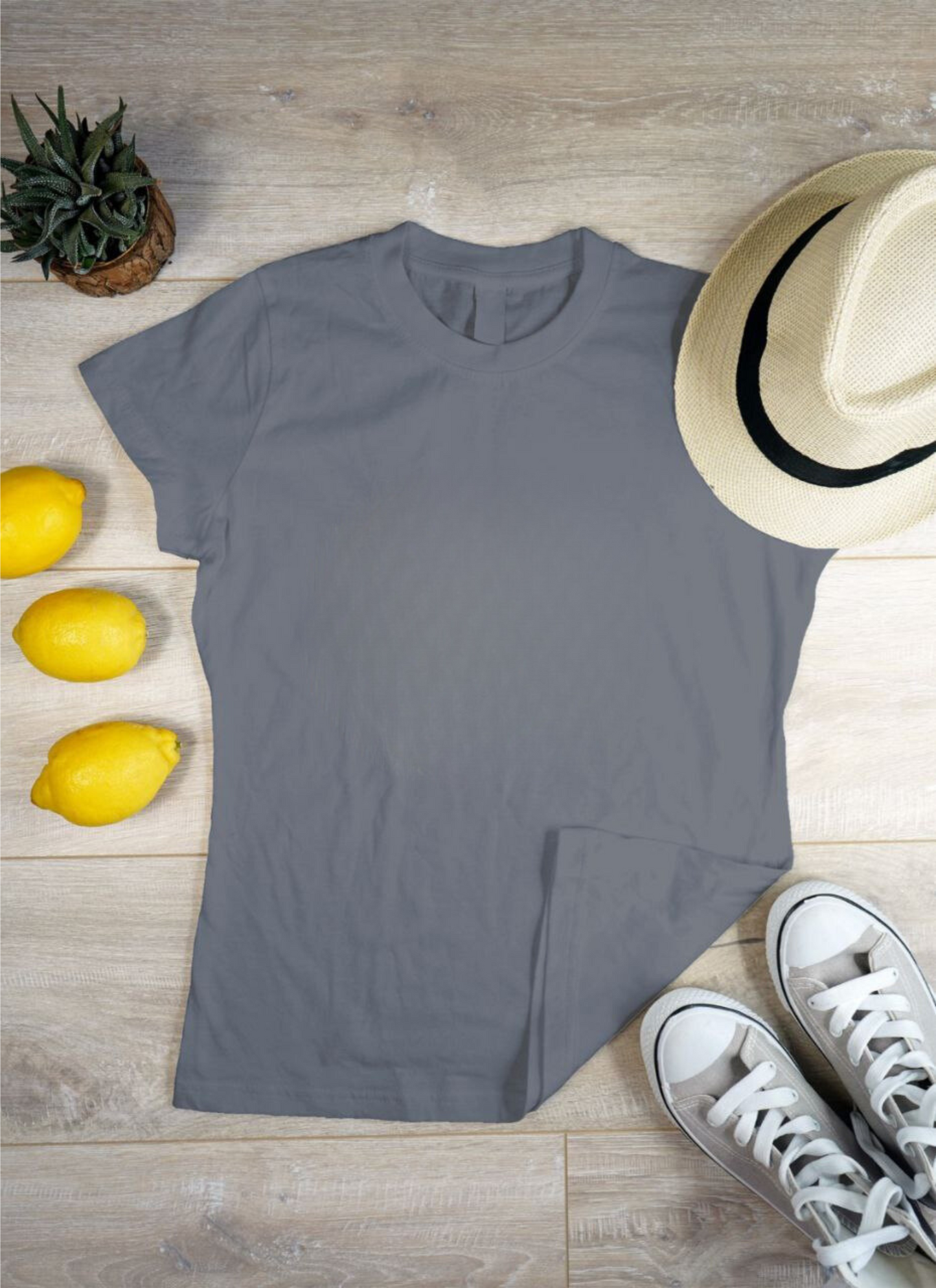 Women's Solid Round Neck Cotton T-Shirt -Charcoal Mélange