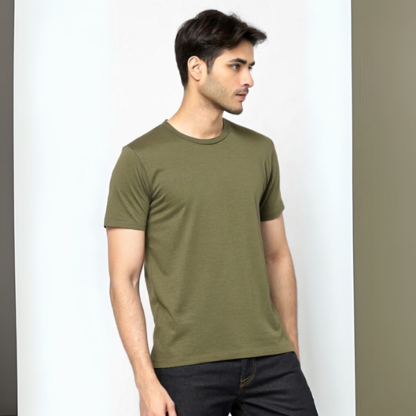 Men's Solid Round Neck Cotton T-Shirt - Olive Green