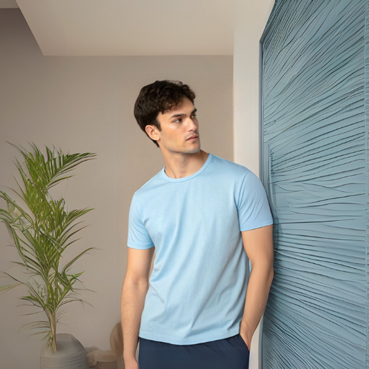 Men's Solid Round Neck Cotton T-Shirt - Baby Blue