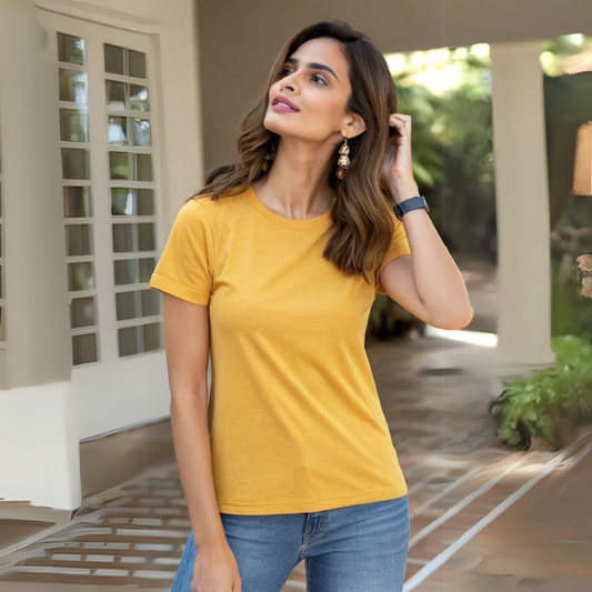 Women's Solid Round Neck Cotton T-Shirt - Golden Yellow