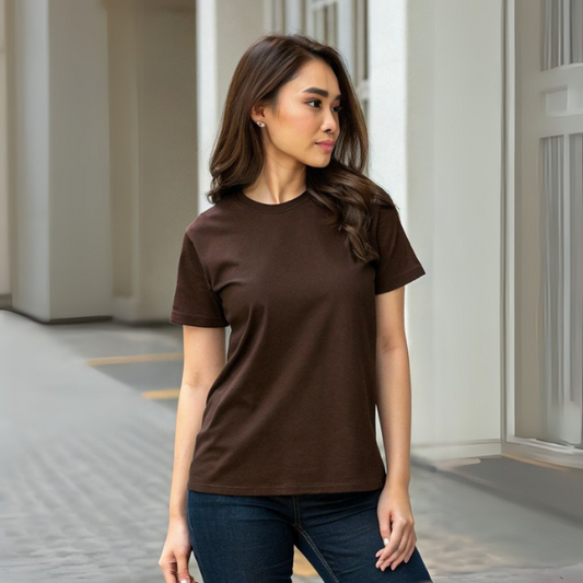 Women's Solid Round Neck Cotton T-Shirt - Coffee Brown