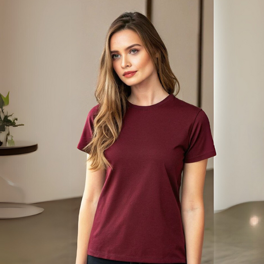 Women's Solid Round Neck Cotton T-Shirt - Maroon