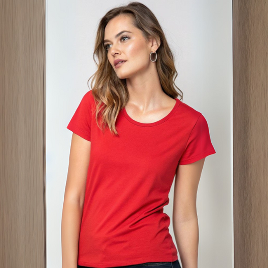Women's Solid Round Neck Cotton T-Shirt - Red