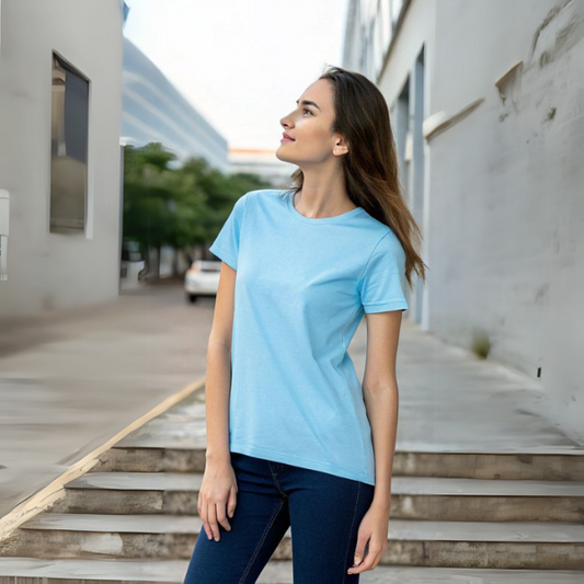 Women's Solid Round Neck Cotton T-Shirt - Sky Blue
