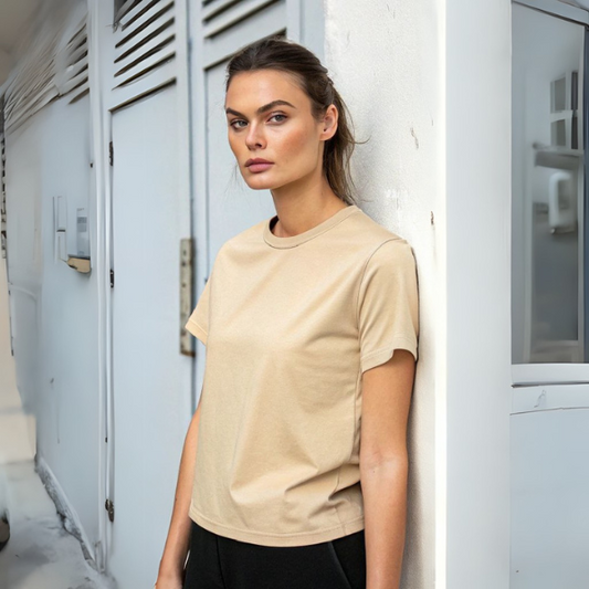 Women's Solid Round Neck Cotton T-Shirt -Beige