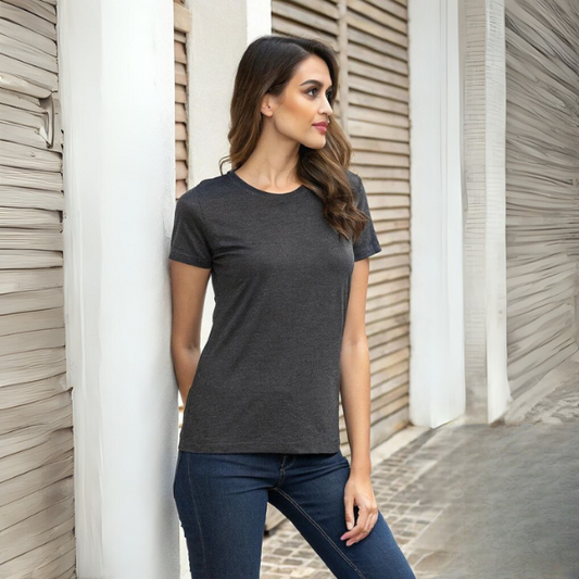 Women's Solid Round Neck Cotton T-Shirt -Charcoal Mélange