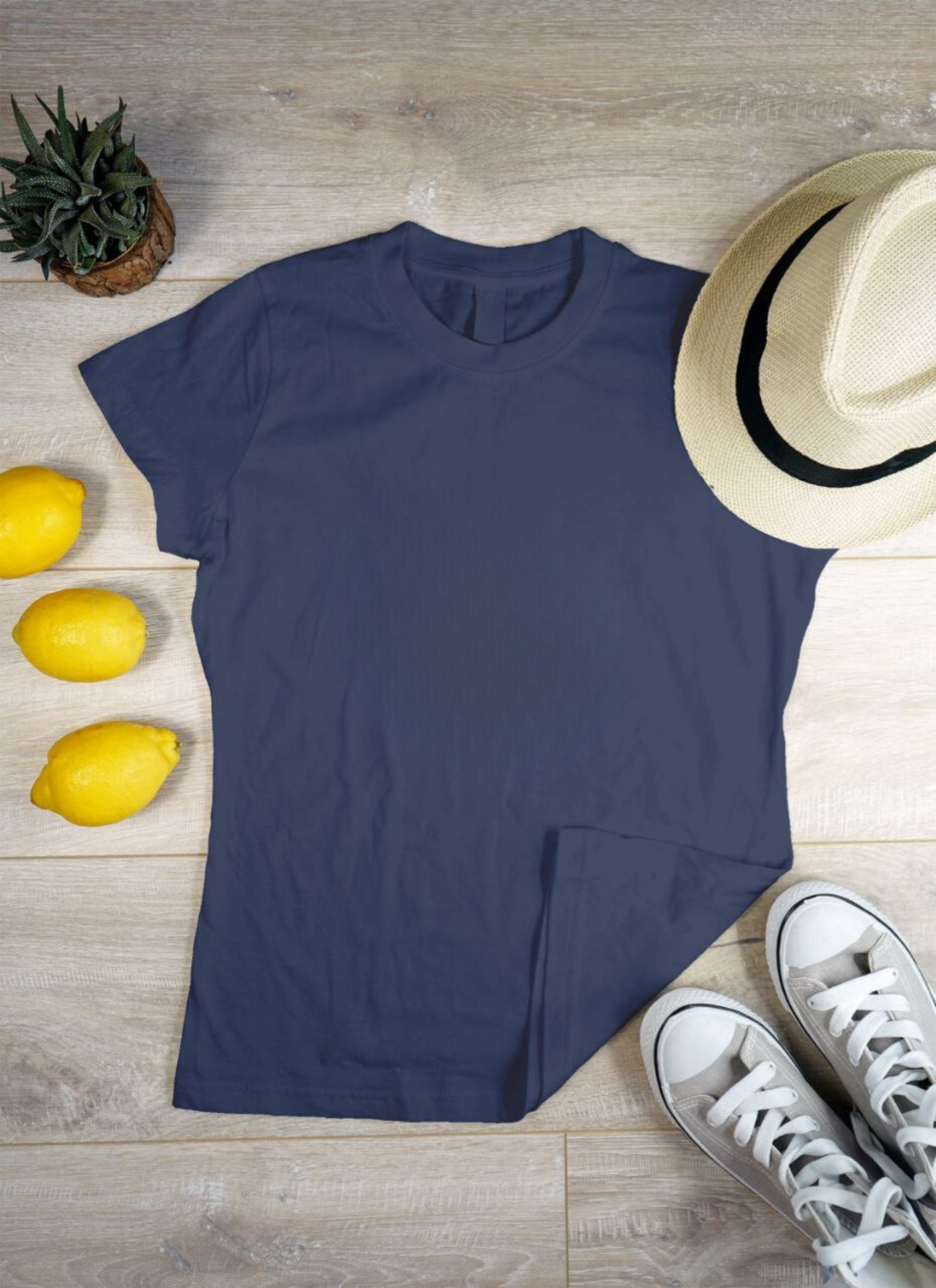 Women's Solid Round Neck Cotton T-Shirt - Navy Blue