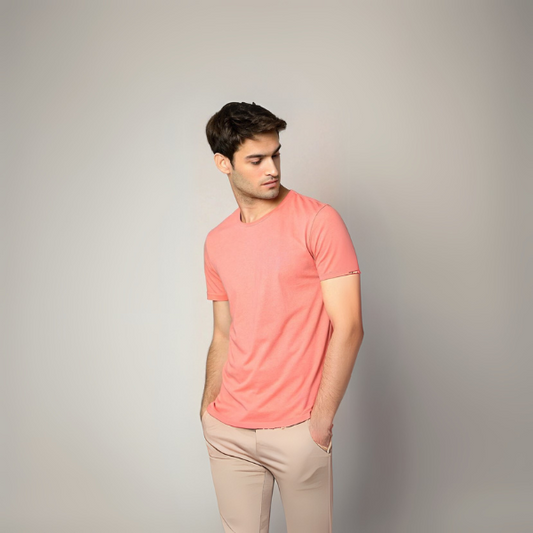 Men's Solid Round Neck Cotton T-Shirt - Flamingo