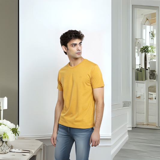 Men's Solid Round Neck Cotton T-Shirt - Mustard Yellow
