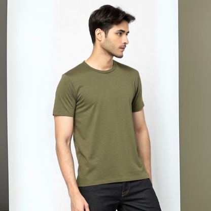 Men's Solid Round Neck Cotton T-Shirt - Olive Green