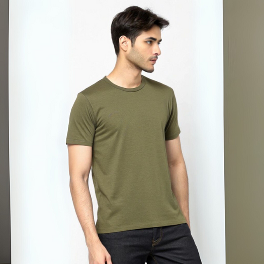 Men's Solid Round Neck Cotton T-Shirt - Olive Green
