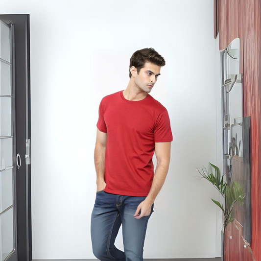 Men's Solid Round Neck Cotton T-Shirt - Red