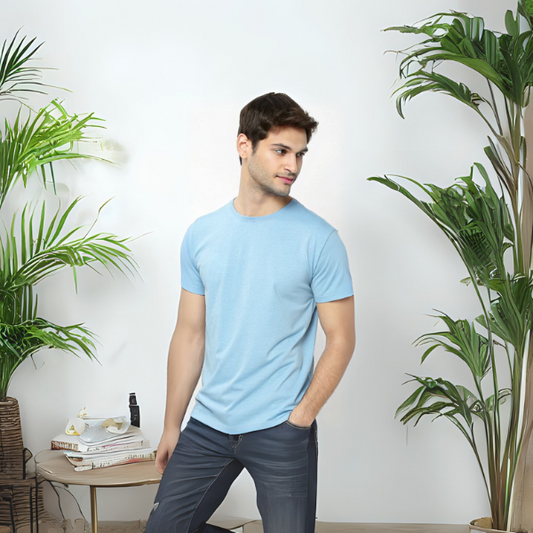 Men's Solid Round Neck Cotton T-Shirt - Sky Blue