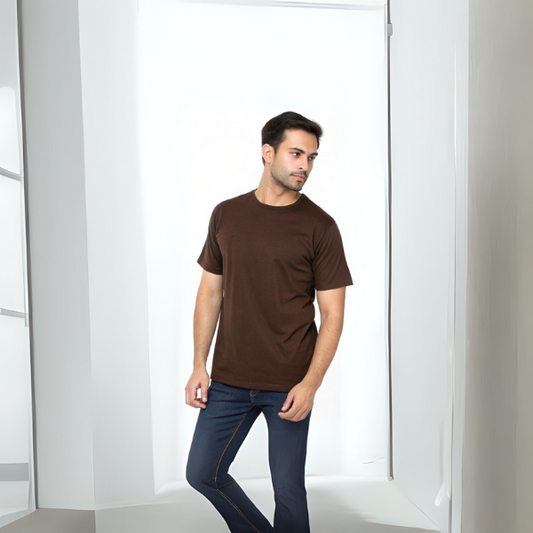 Men's Solid Round Neck Cotton T-Shirt - Coffee Brown