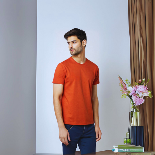 Men's Solid Round Neck Cotton T-Shirt - Brick Red