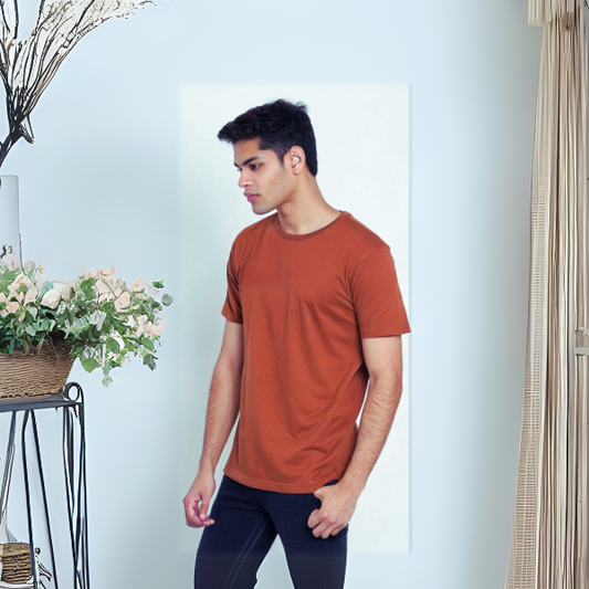 Men's Solid Round Neck Cotton T-Shirt - Copper