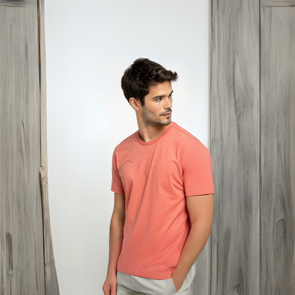 Men's Solid Round Neck Cotton T-Shirt - Coral