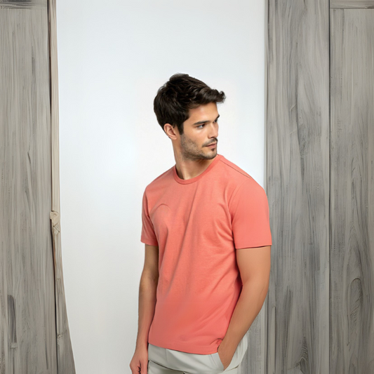 Men's Solid Round Neck Cotton T-Shirt - Coral
